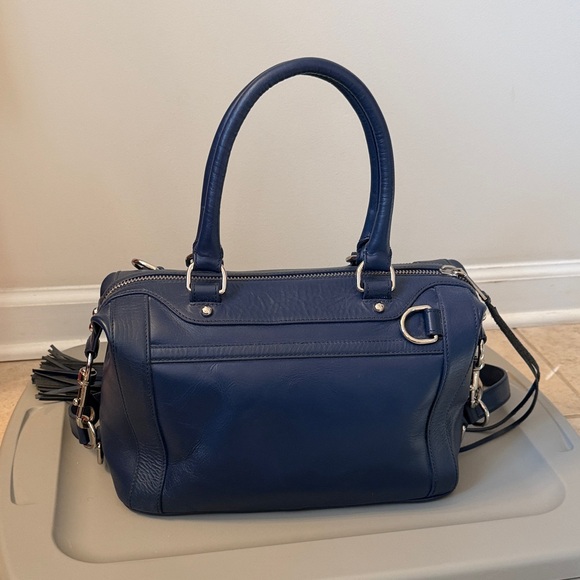 Rebecca Minkoff Navy Leather Satchel w/ Woven Panel & Tassel | Crossbody Bag - Picture 2 of 6